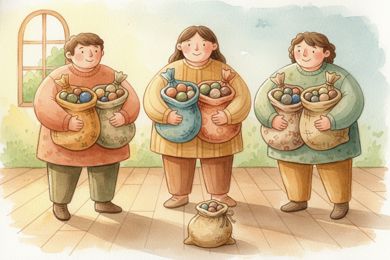 ~~Start with the biggest bins:~~ 7 hundred-bags for 3 friends. Each friend can take 2 hundred-bags, because **2 each use