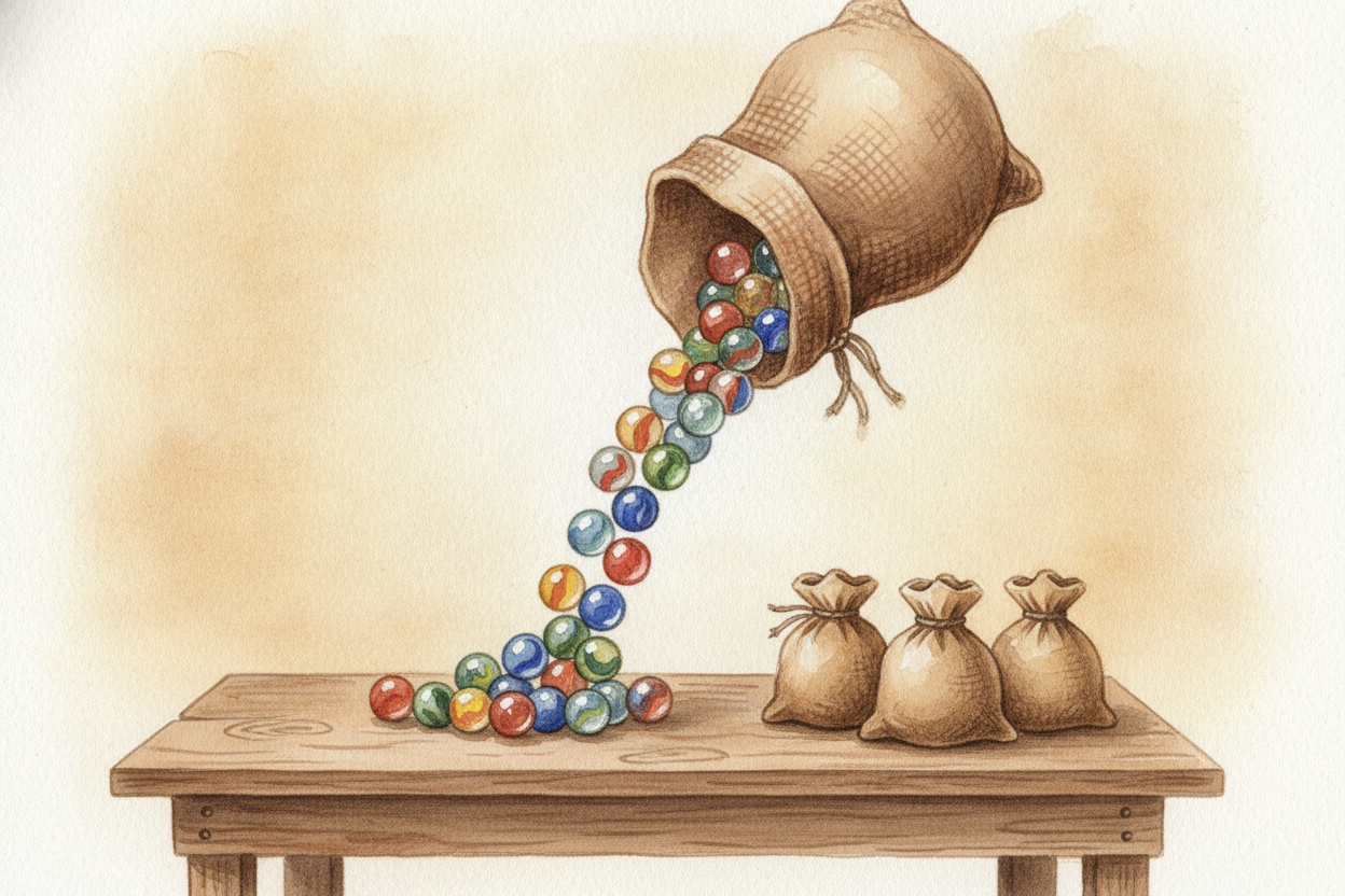 ~~But look —~~ **one hundred-bag didn't get shared**. You can't split a hundred-bag three ways while it's still a bag. S