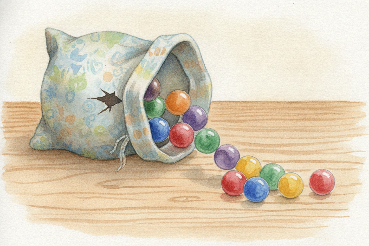Same move, smaller scale. ~~Rip open that leftover ten-bag~~ — **out roll 10 loose marbles**. Add them to the 6 loose ma