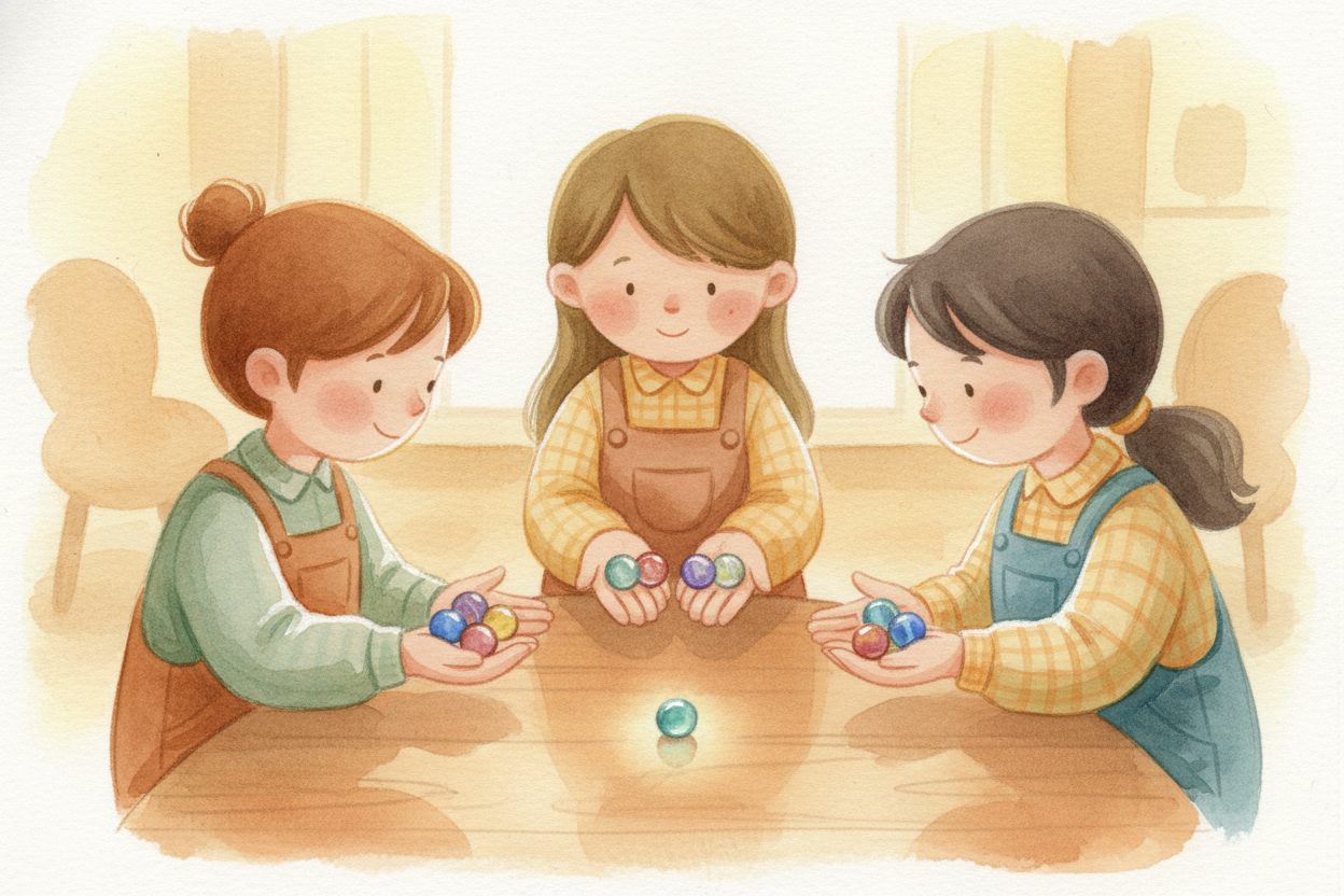 **Sixteen marbles, three friends**. Each one takes 5, because 5 each uses up 15. That's your last digit: a *5 in the one