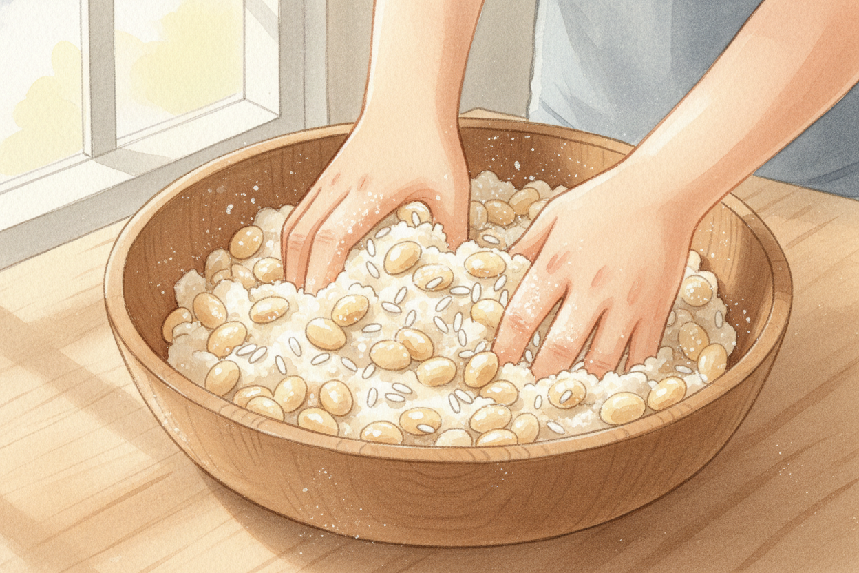 Miso starts simple: cooked soybeans, salt, and a sprinkle of koji — rice or barley coated with a special mold called ++A