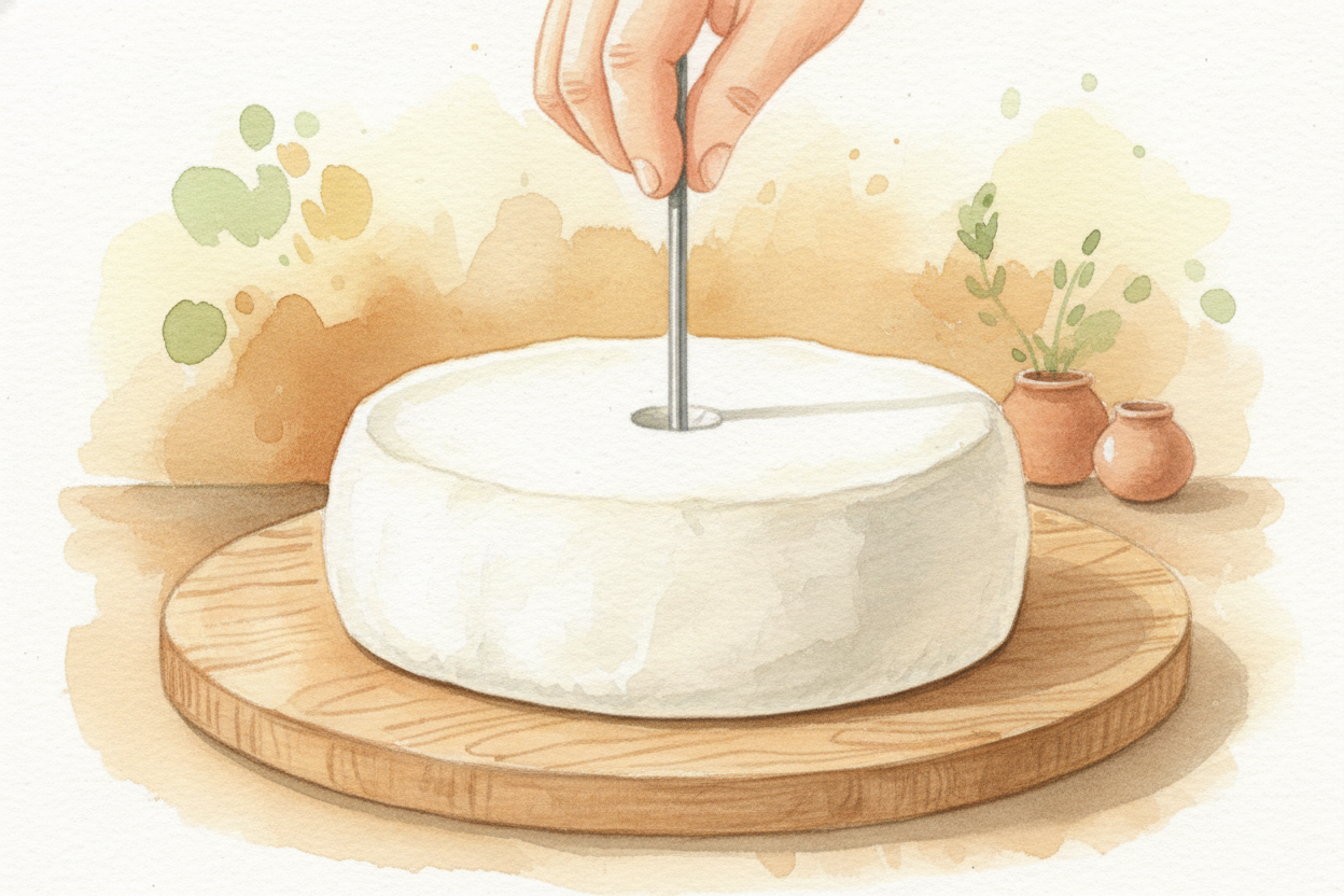 So the cheesemaker pokes holes. ~~They take long metal needles and stab right through each wheel~~, making **tunnels fro