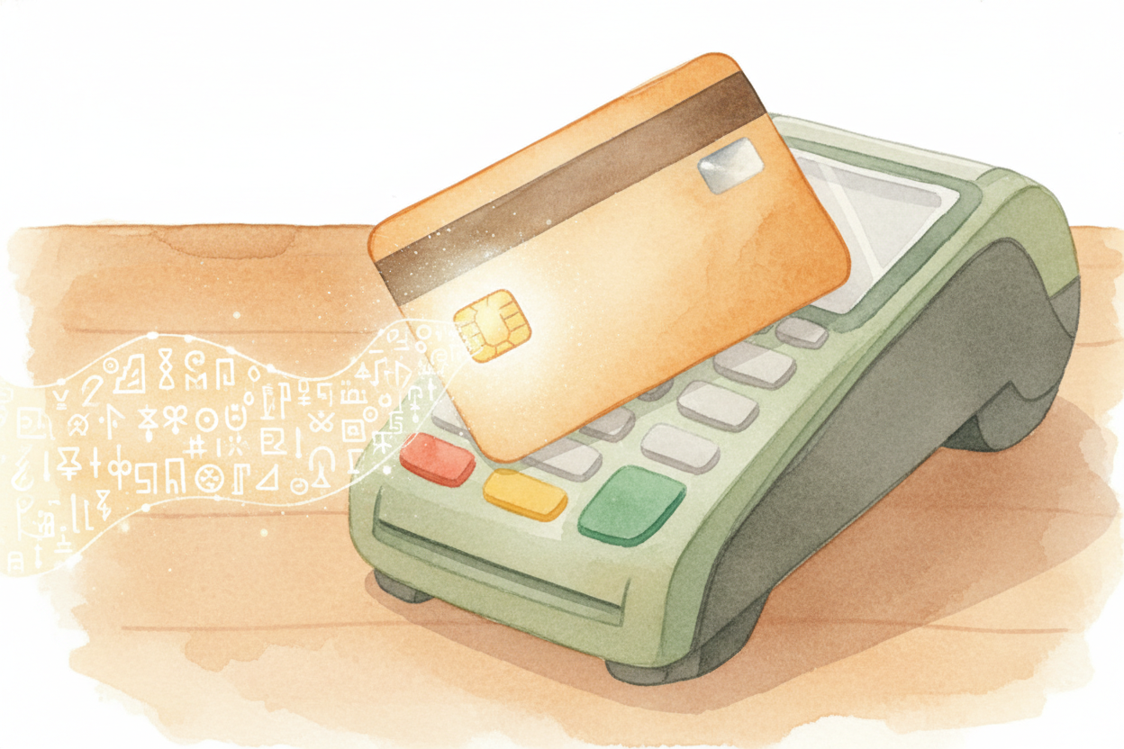 The card reader **wakes up** the tiny chip in your card — that gold square on the front. The chip generates a **one-time