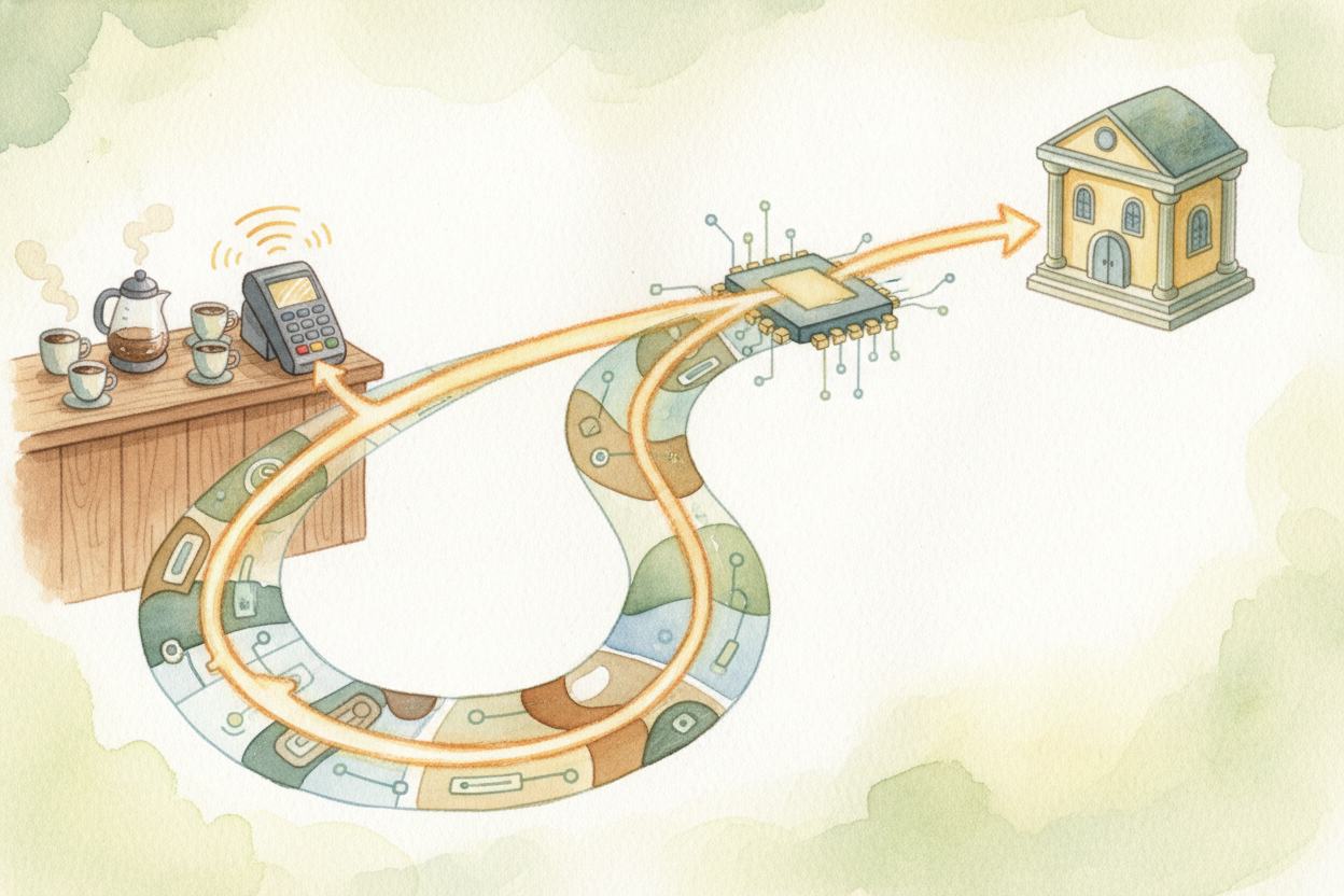 That ~~"yes" flies back~~ the same route in reverse: bank to Visa, Visa to processor, processor to the card reader. The 