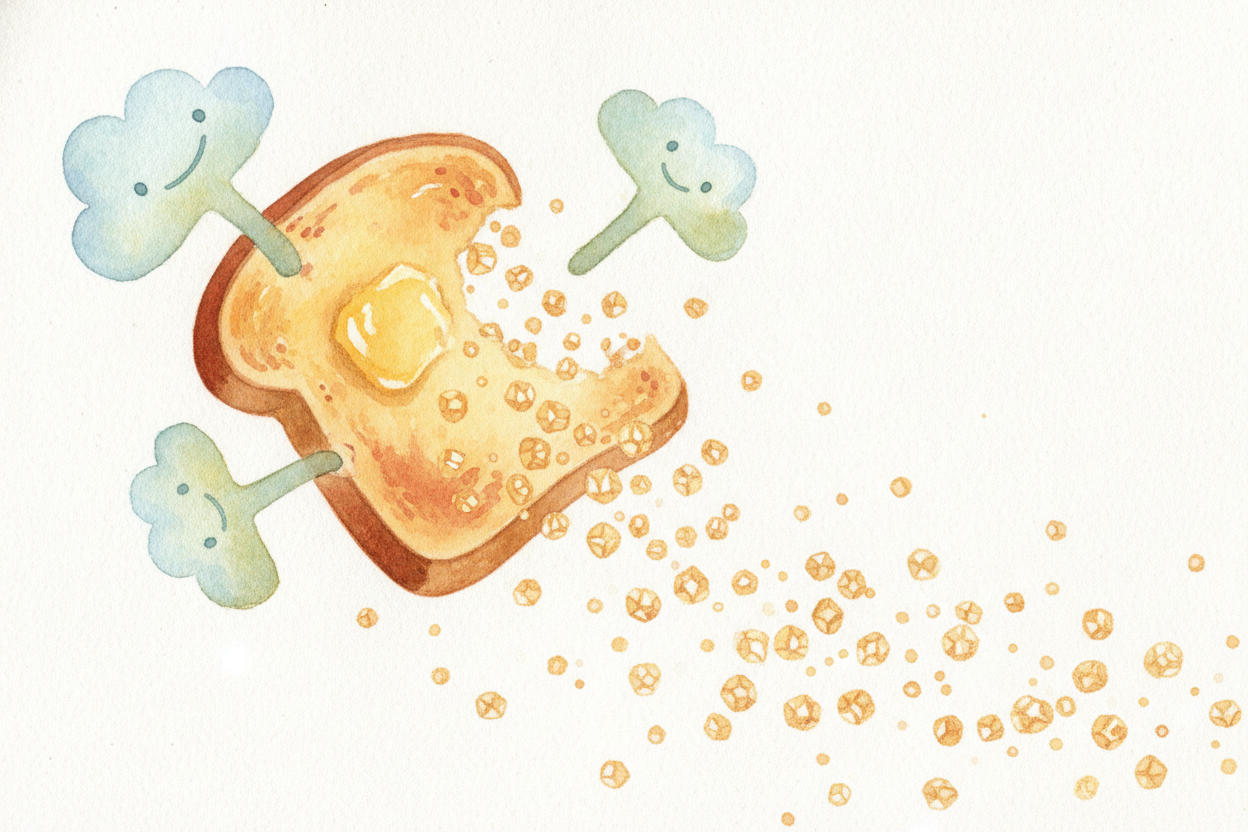 First, the breaking. Your body can't use a whole chunk of toast — that's like trying to fuel a car by **dropping a tree 