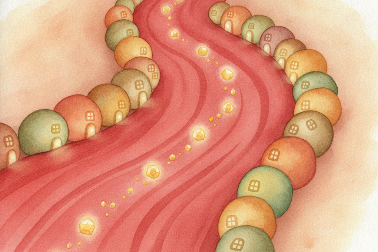 ~~Now the glucose needs a ride.~~ It slips out of your intestine and into your blood, which works like a **delivery rive
