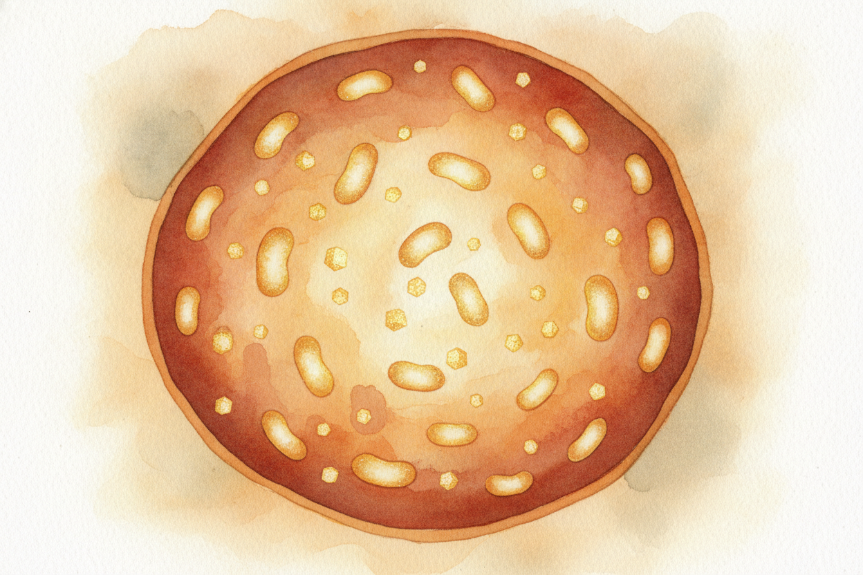 Inside the cell sits the real star: the ++mitochondria++. These are **bean-shaped power plants**, and most cells have hu
