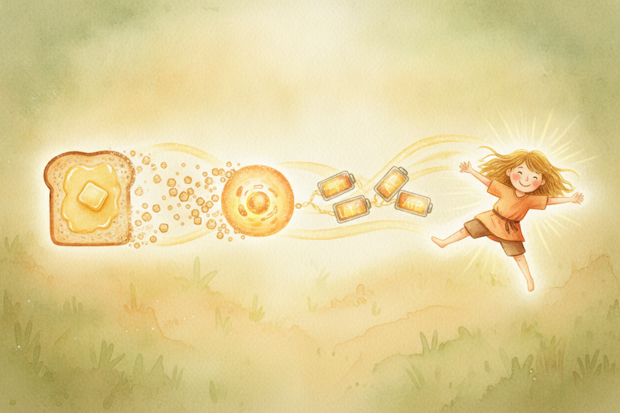 ~~So here's the whole journey:~~ break the food into sugar, deliver it through the blood, unlock the cell, and let the m