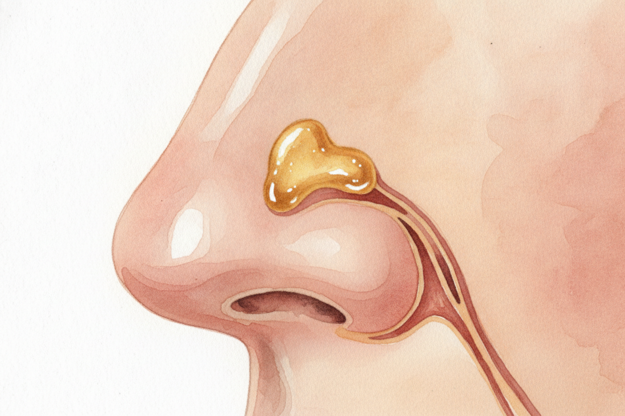 Up at the very top of the inside of your nose, way back near your eyebrows, is a small patch about the **size of a posta