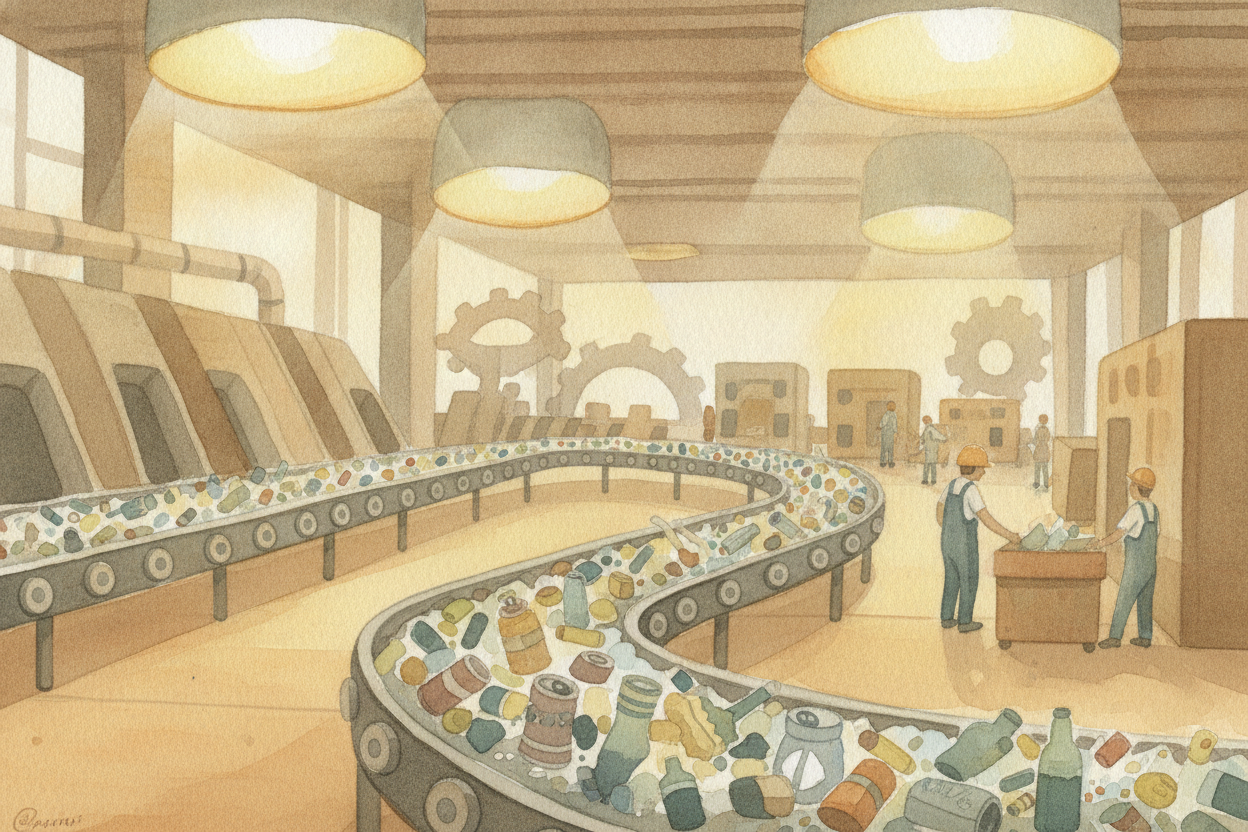 ~~First stop:~~ the sorting plant, a noisy warehouse where the real work begins. Everything you tossed in together — gla