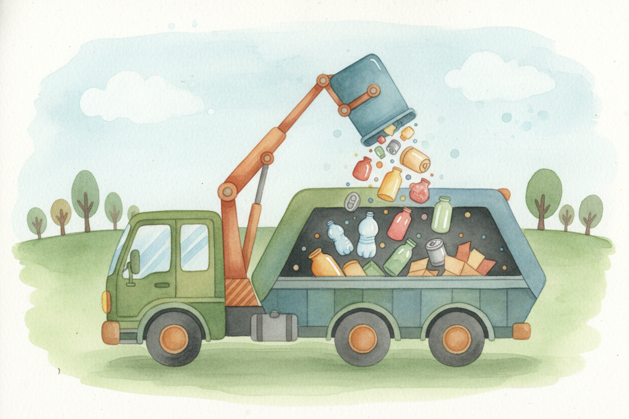 ~~First~~, a big truck picks up your bin and dumps everything into its back. Your bottle **tumbles in with hundreds of o