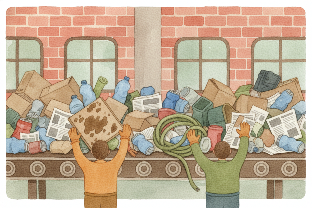 At the recycling plant, this ~~jumbled mess~~ rolls onto a conveyor belt. Workers pull out things that don't belong—like