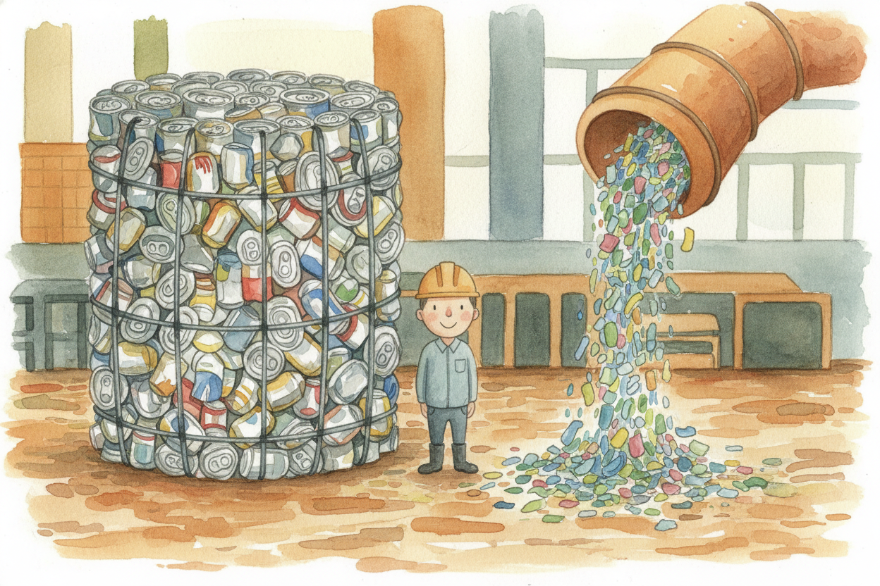 Glass gets sorted by color—clear, green, brown—because mixing them makes ugly recycled glass. Then everything gets crush