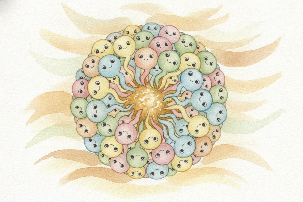 Keep going and the soap molecules **wrap a whole drop of grease into a tidy little ball**. Tails point inward, _hugging 