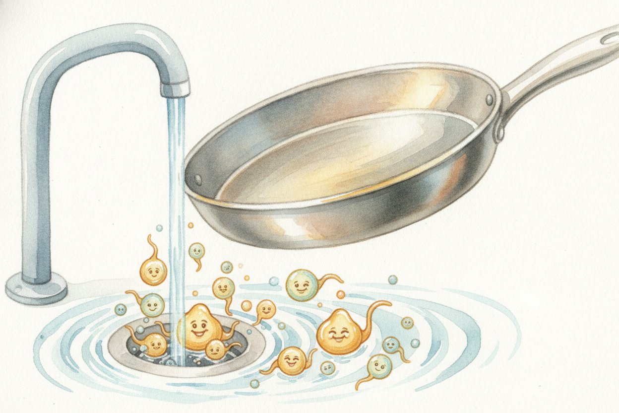 ~~Rinse, and away it all flows~~ — grease, dirt, sticky pan-gunk — packed into **thousands of tiny soapy balls** riding 