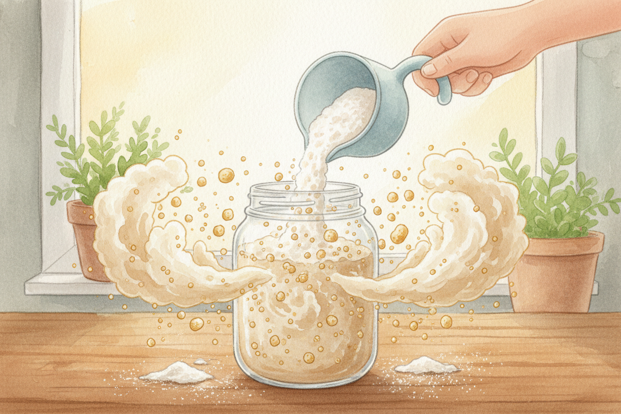 Every time you feed your starter, you're basically **growing a new generation**. You scoop out most of the old goop and 
