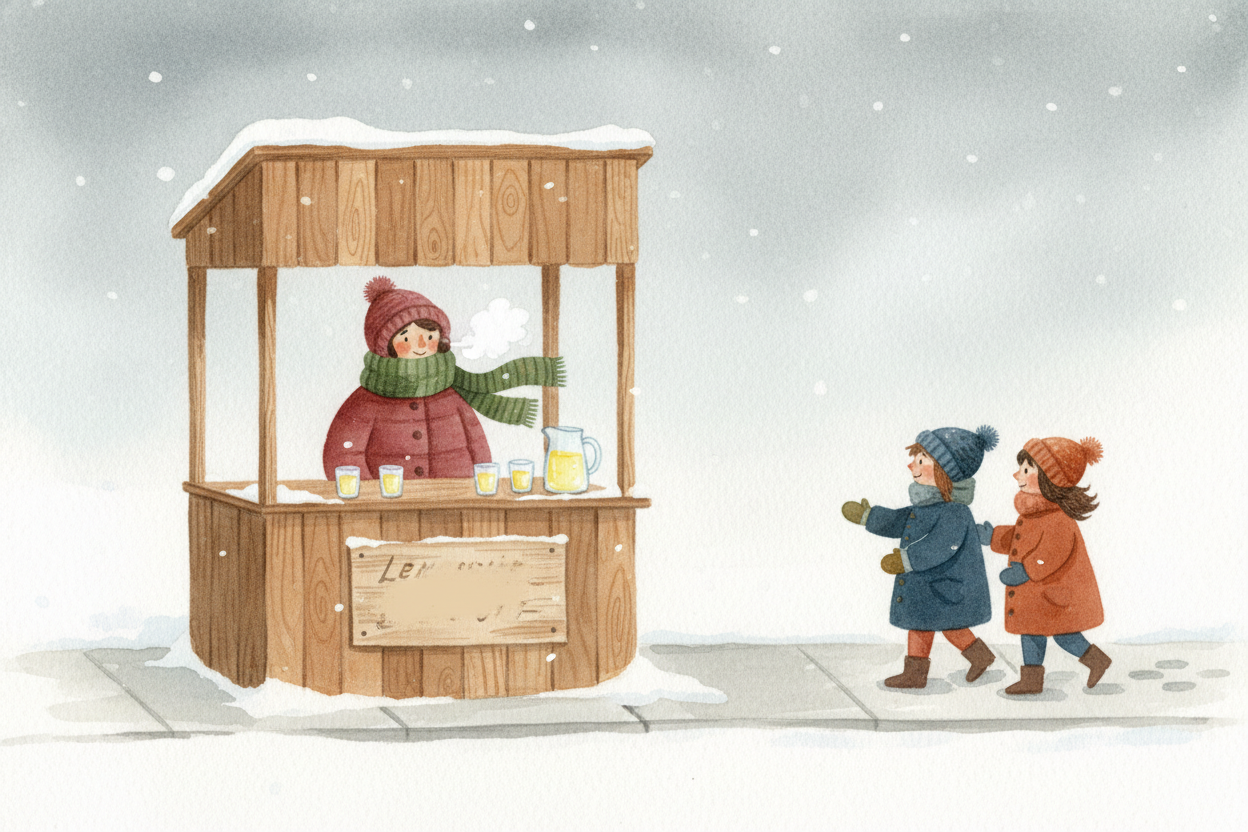 Imagine it's a **freezing winter morning** now. You still have 20 cups of lemonade. But only two people stop by — they'r