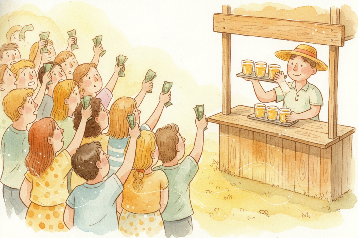 ~~Now flip it.~~ It's summer again, **scorching hot**, and you only made 5 cups. Thirty people show up, all parched. You