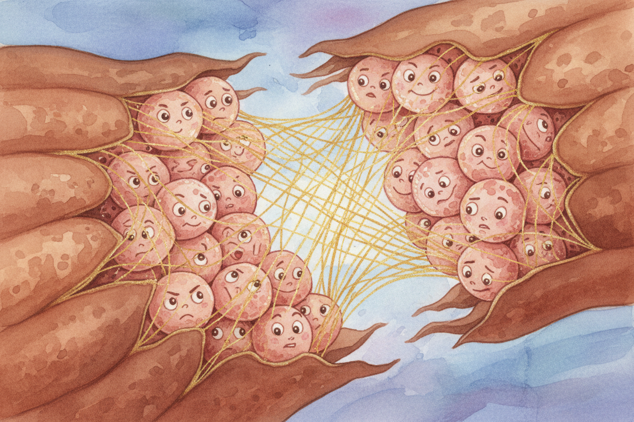 The platelets ~~slam into the edges~~ of the cut and stick there, piling on top of each other. **They're sticky by natur