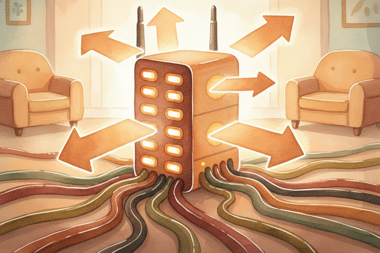 Those pulses zip through a cable to a tower, then to a building full of routers — boxy machines that act like **traffic 