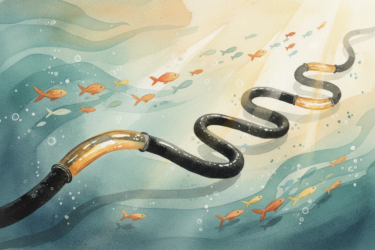 To cross the ocean, your message ~~dives underwater~~. Thick cables — **as wide as garden hoses** — lie on the seafloor,
