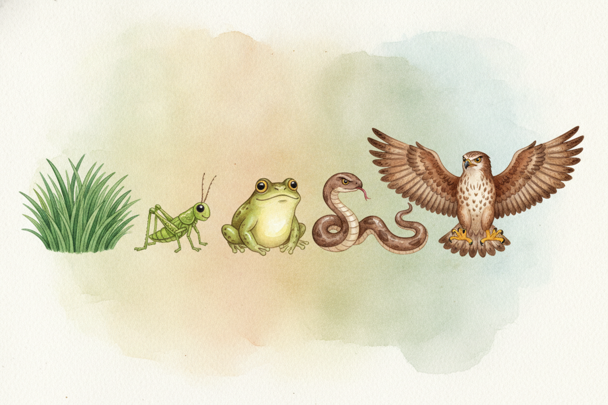 Start simple. A food chain is a **single straight line of who-eats-who**. Grass grows. A grasshopper eats the grass. A f