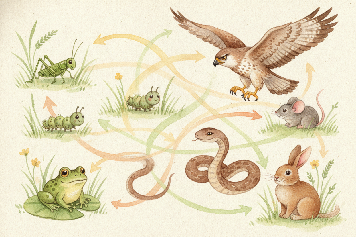 That whole knitted thing is the ++food web++. It's every food chain in one place, all overlapping, with **arrows shootin