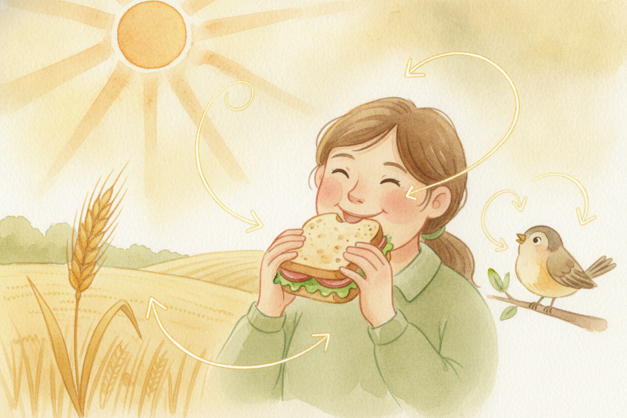 ~~Next time you bite into a sandwich~~, remember **you're an arrow on somebody's web too**. The bread came from wheat, t