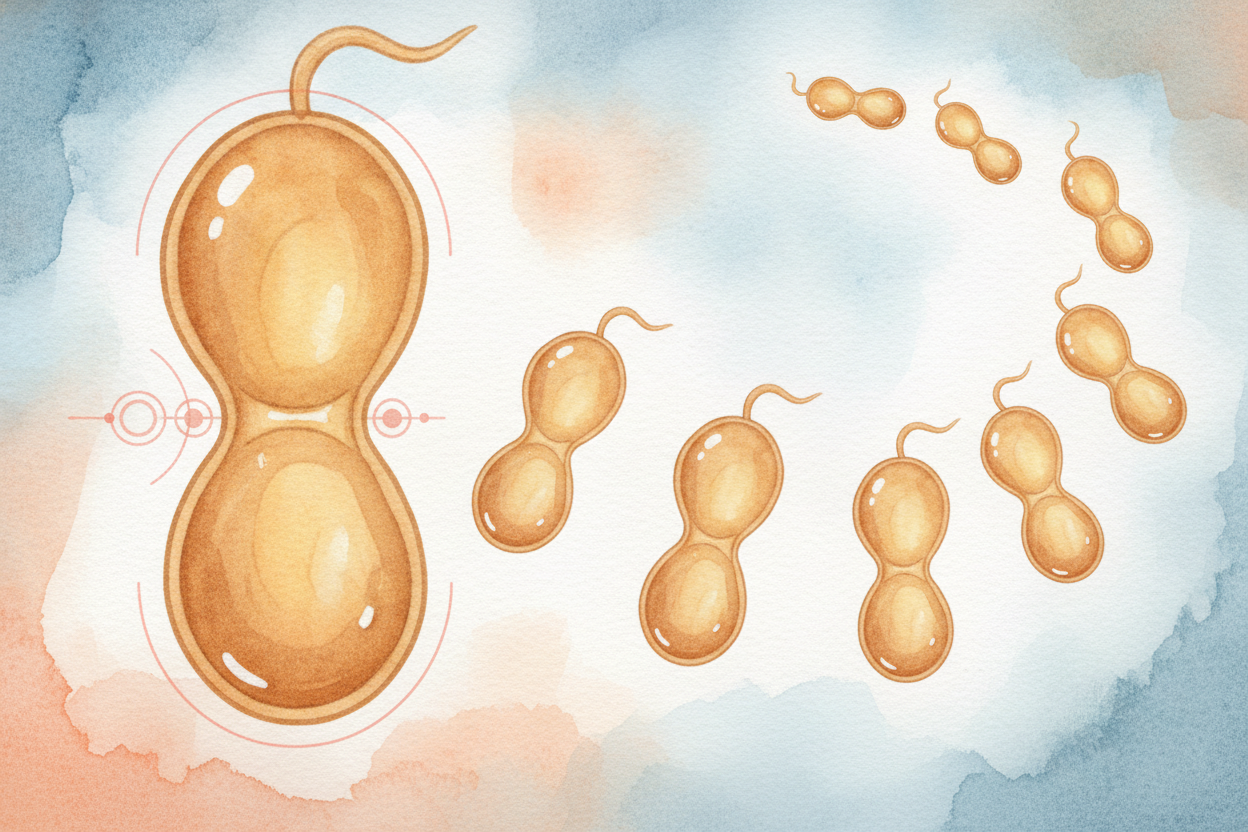 ~~And here's the headline:~~ a bacterium can copy itself, **all by itself**. When it's ready, it simply **splits down th