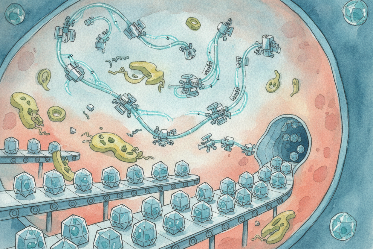Once inside, the virus **hands over its instruction note** and the cell ~~gets tricked~~ into reading it. The cell stops