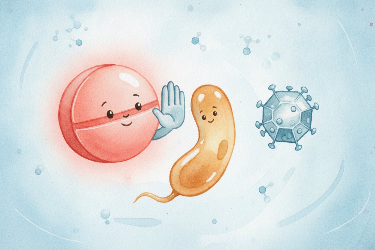 This difference is why doctors treat them differently. Antibiotics are medicines that **jam a bacterium's own machinery*