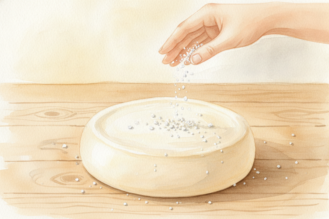 거의 모든 치즈에는 *소금이 솔솔* 뿌려져요. 소금은 **맛을 내기만 하는 게 아니에요.** 물을 더 빼내고, 반갑지 않은 미생물들이 ~~가까이 오지 못하게~~ 해서 *치즈를 잘 지켜 줘요*. **한 줌의 소금이**