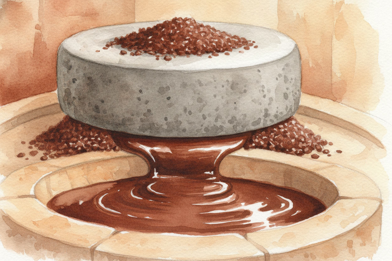 Now the roasted beans get cracked and their papery shells blown away, leaving little nubs called ++nibs++. The nibs are 