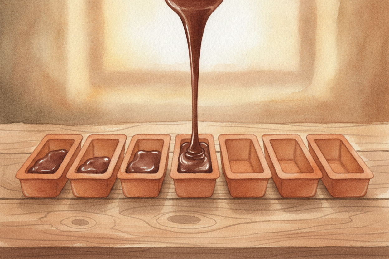 ~~Finally~~ the silky chocolate is poured into molds — bars, eggs, bunnies, **whatever shape you like** — and left to co