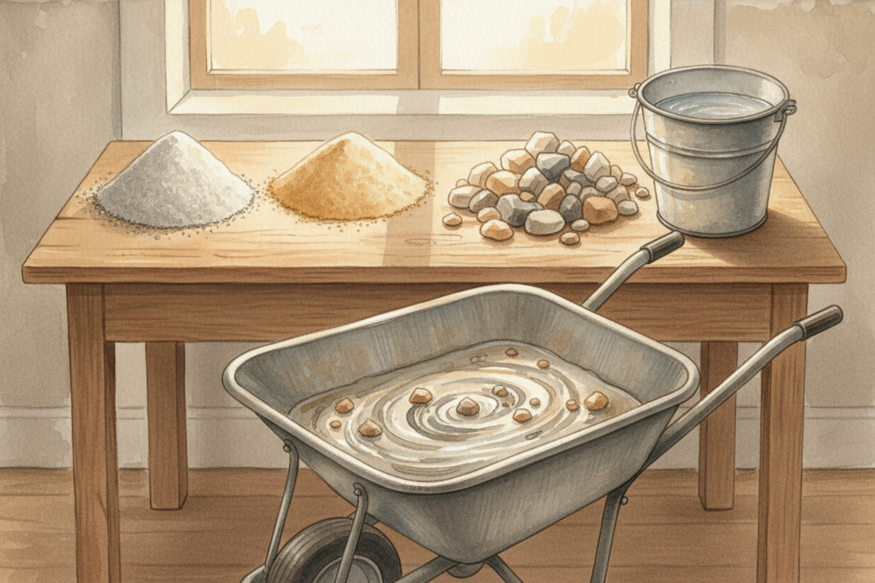 Concrete starts as a recipe with **four ingredients**. First, ++cement++ — _a fine gray powder made by baking limestone 