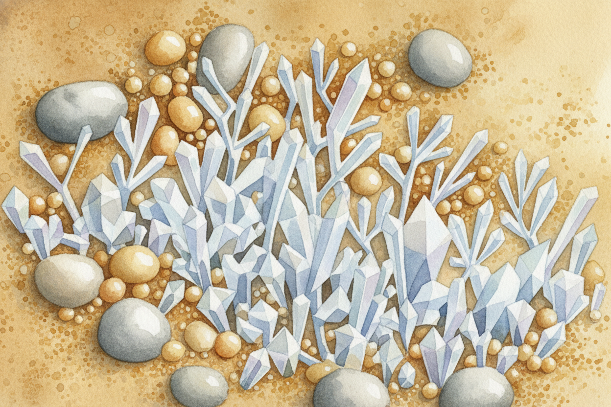 The secret is in the cement powder. When water touches it, the cement doesn't just get wet — ~~it wakes up~~. Tiny cryst