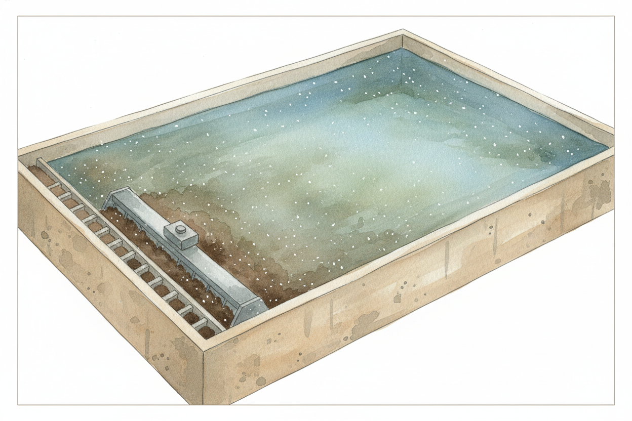 Next, the water enters a giant shallow tank and just… sits there. This is the ++settling tank++, and all it does is wait
