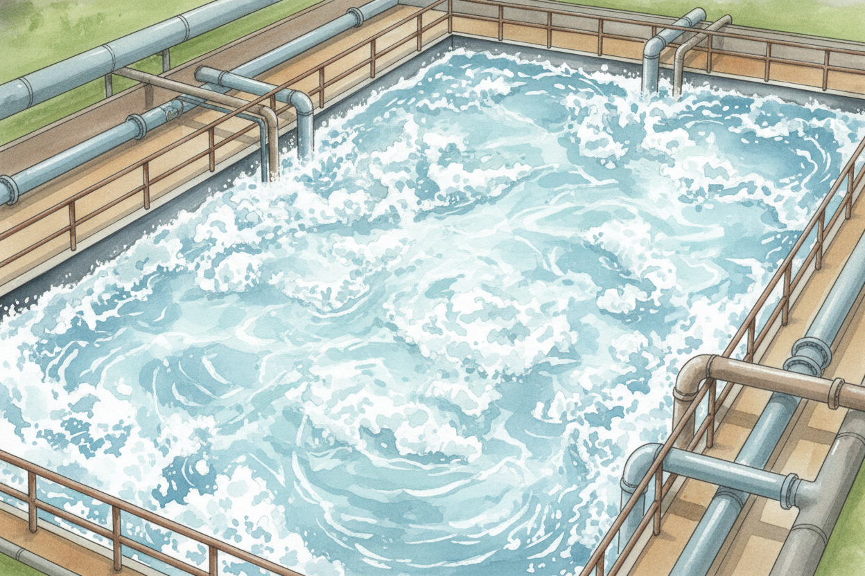 ~~Now comes the hungriest step.~~ The water moves into aeration tanks, where **billions of bacteria** are waiting. These