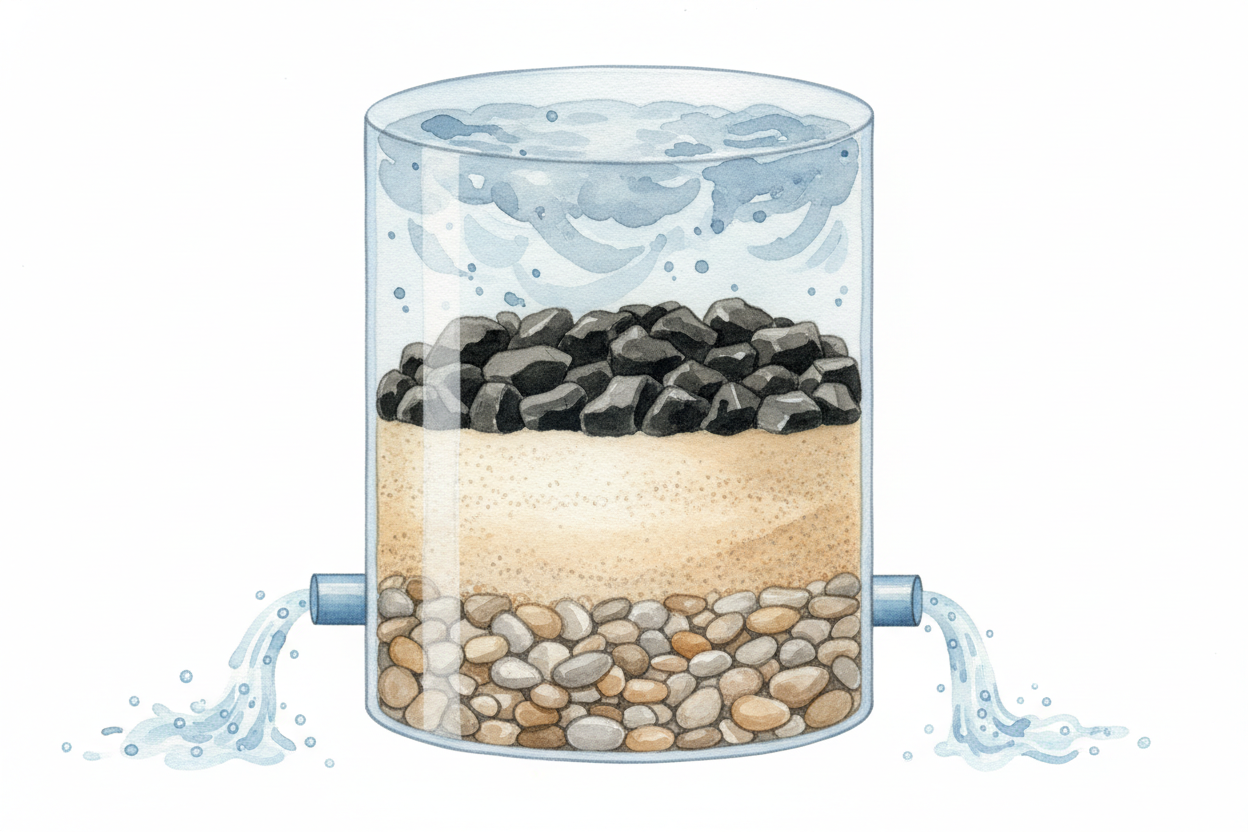 ~~But "almost" isn't good enough~~ for drinking or rivers. So the water passes through filters — **layers of sand, grave