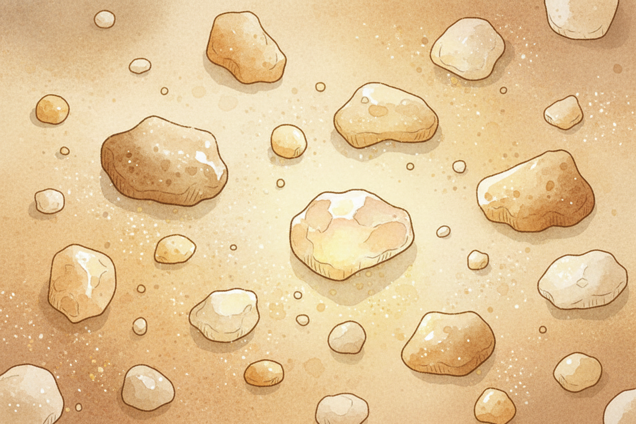 Sand is mostly made of ++silica++ — the same stuff that forms ++quartz++ crystals. Those tiny grains are actually bits o