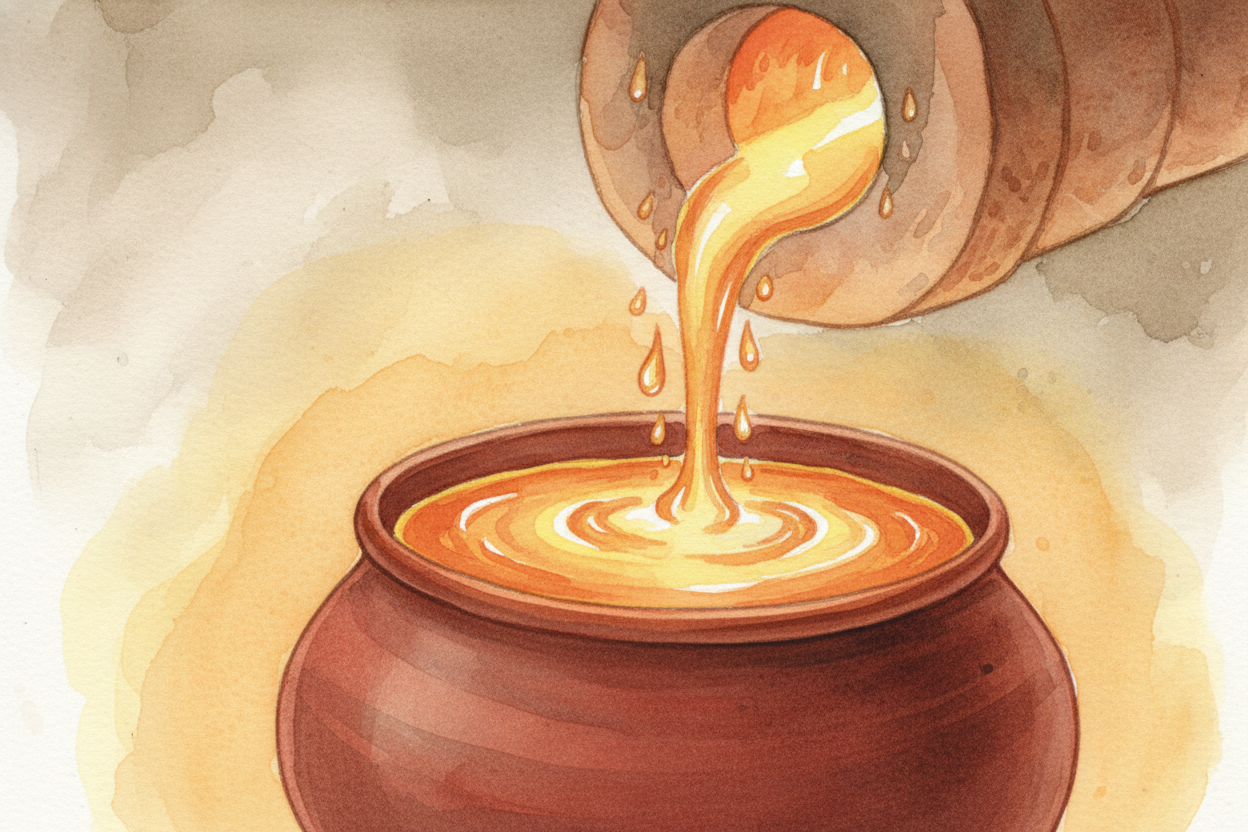 Once the mixture melts into a ~~glowing orange syrup~~, **the magic happens**. The atoms are no longer locked in that ri