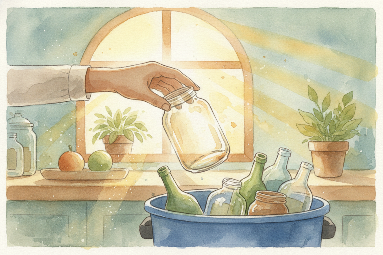You toss an **empty jam jar** into the recycling bin and it clinks against the others. ~~Where does it go next?~~ Does s