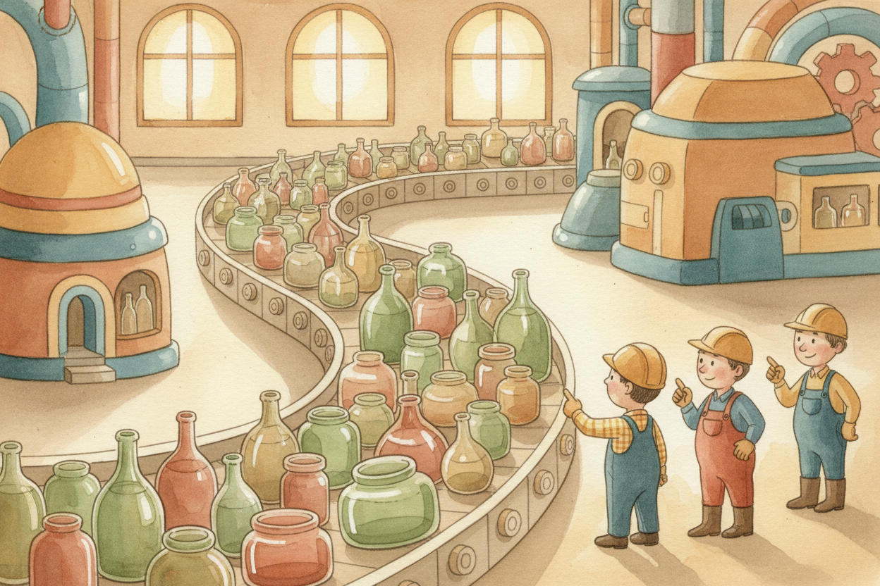 The jar rides in a truck to a recycling plant, where it tumbles onto a conveyor belt with hundreds of other glass contai