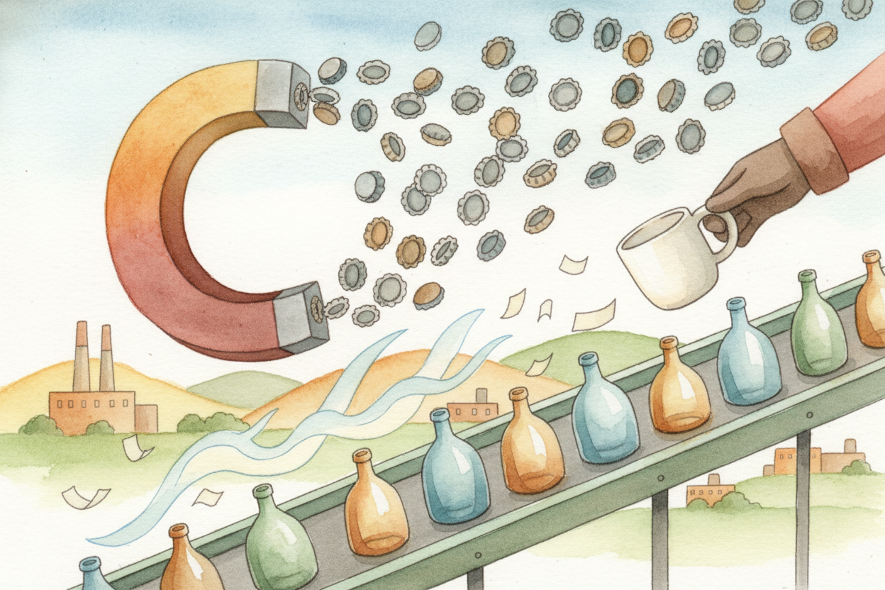 ~~Big magnets swoop down~~ and pluck out any metal bottle caps. **Blowers puff air** to lift away paper labels. Workers 