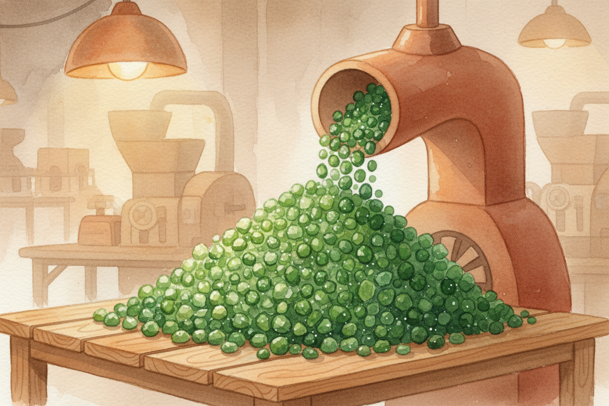Each pile of same-color glass rolls into a crusher. ~~CRUNCH.~~ The bottles and jars shatter into tiny pebbles called ++