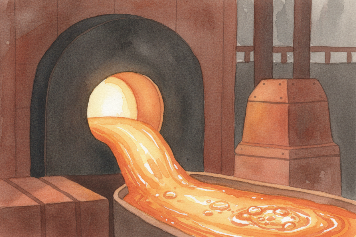 At the factory, workers pour the ++cullet++ into a massive furnace that roars at **1,500 degrees Celsius — hot enough to