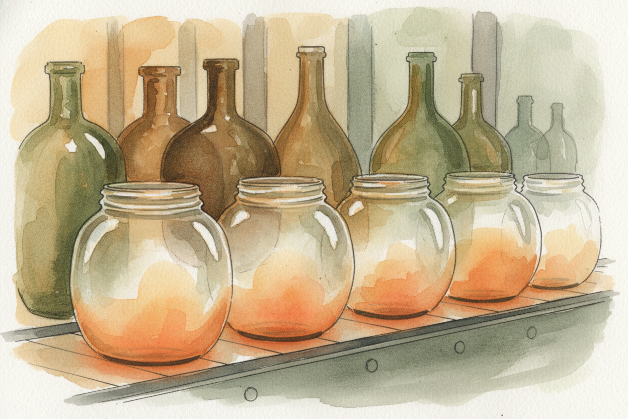 The melted glass ~~flows into molds~~ or gets **blown by machines** into new bottles and jars. As it cools, it hardens b