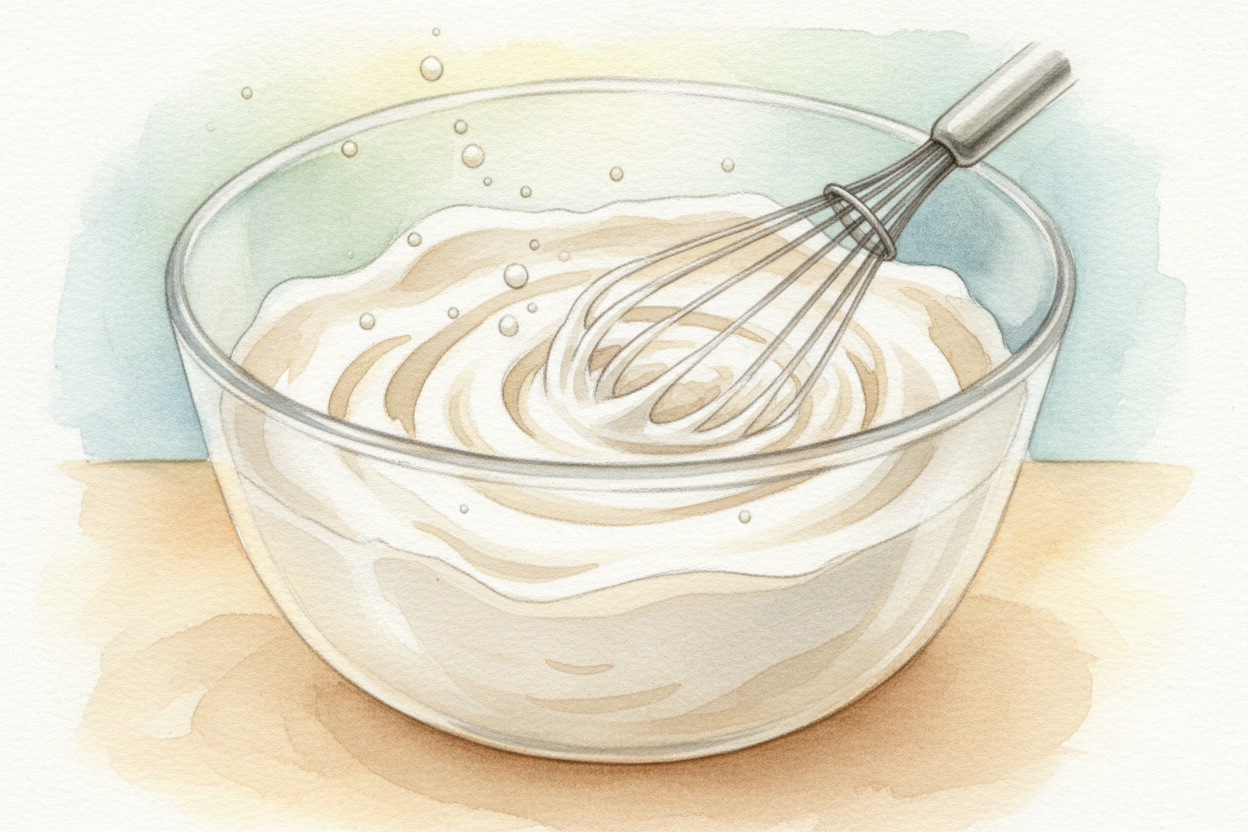 ~~First,~~ you mix the cream and sugar together until the sugar dissolves. The cream is full of **tiny fat droplets floa