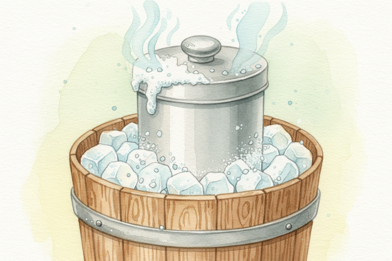 ~~Now comes the cold.~~ You pour the mixture into a metal canister surrounded by ice and salt. The salt makes the ice **