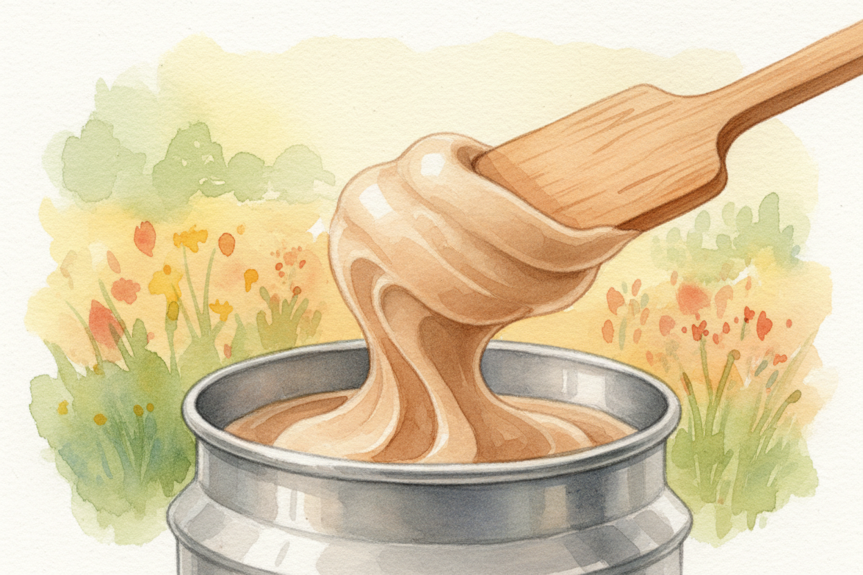 The stirring continues until the mixture thickens from liquid to ~~soft-serve consistency~~ — **it clings to the paddle 